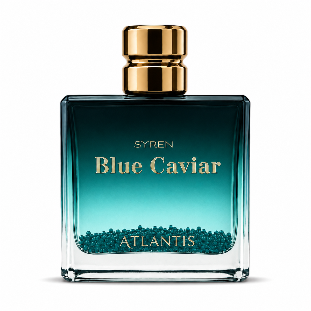 A square glass perfume bottle labeled 'SYREN Blue Caviar ATLANTIS' with a metallic gold cap, featuring a teal-to-turquoise gradient and blue caviar beads at the bottom, on a white background.