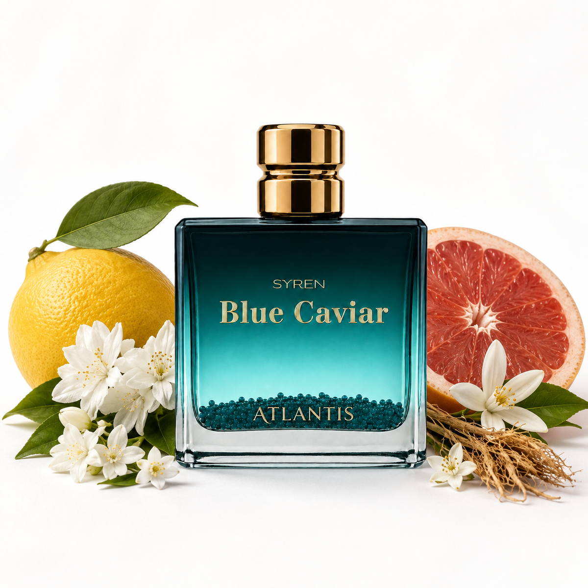 A square glass perfume bottle labeled 'SYREN Blue Caviar ATLANTIS' with a gold cap, centered on a white background and surrounded by a whole lemon, a sliced grapefruit, white flowers, and green leaves.