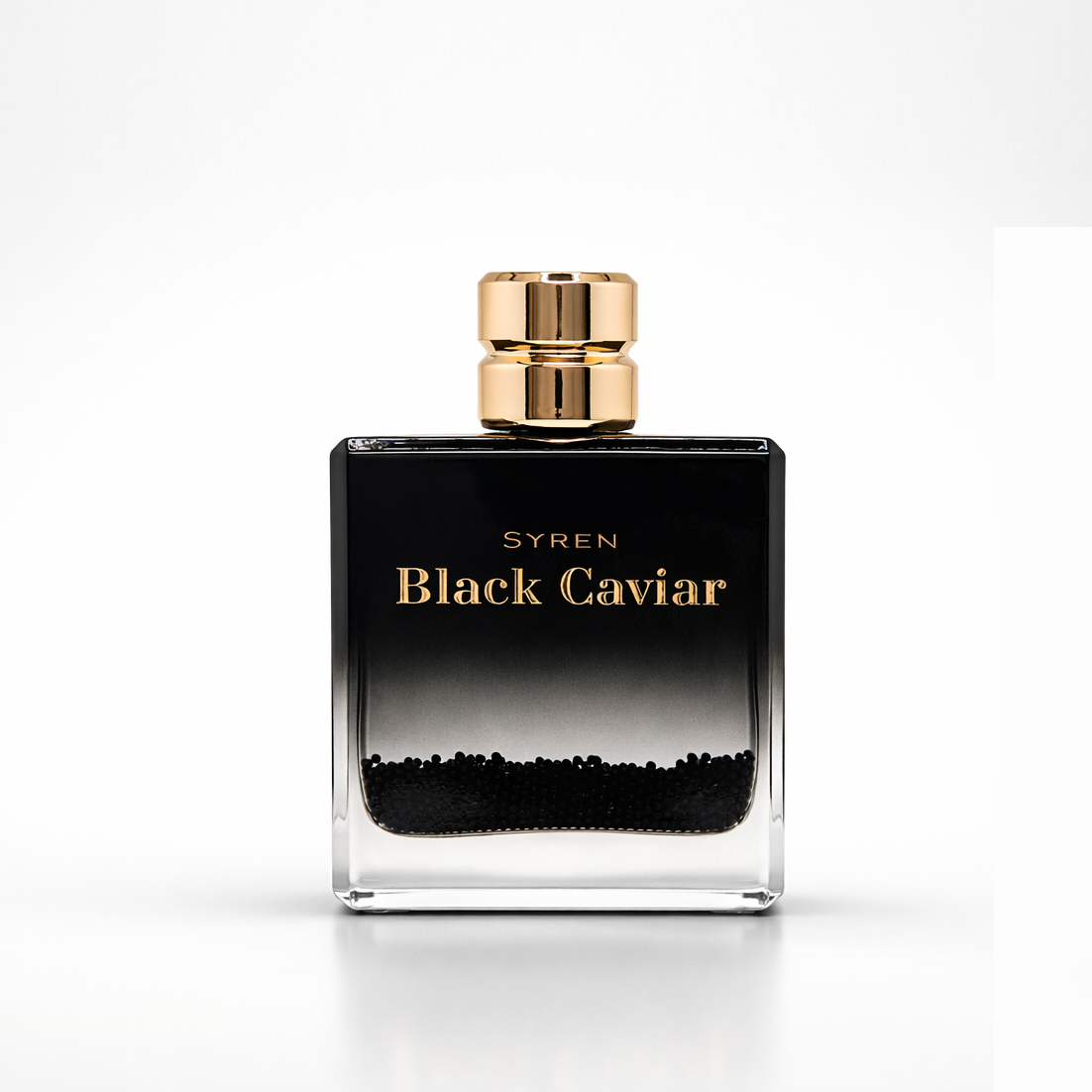Syren Black Caviar Eau de Parfum 90ml men's cologne bottle with gold cap and black caviar accent