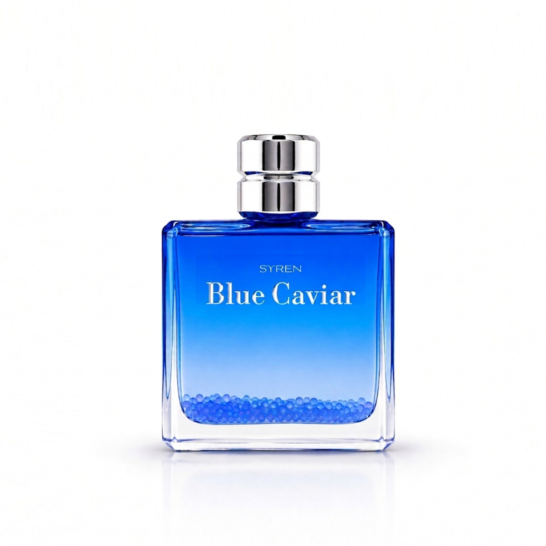 Syren Blue Caviar 90ml Eau de Toilette men's fragrance bottle with chrome cap and blue caviar beads, citrus lavender notes