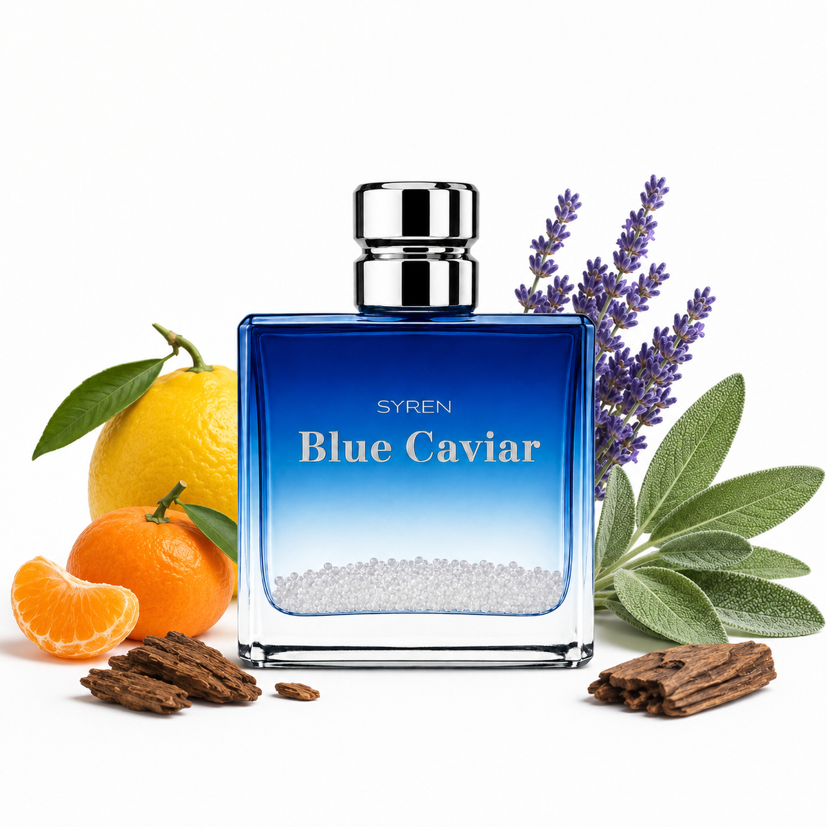A square glass perfume bottle labeled 'SYREN Blue Caviar' with a silver cap, centered on a white background and surrounded by citrus fruits, lavender sprigs, sage leaves, and cinnamon sticks.