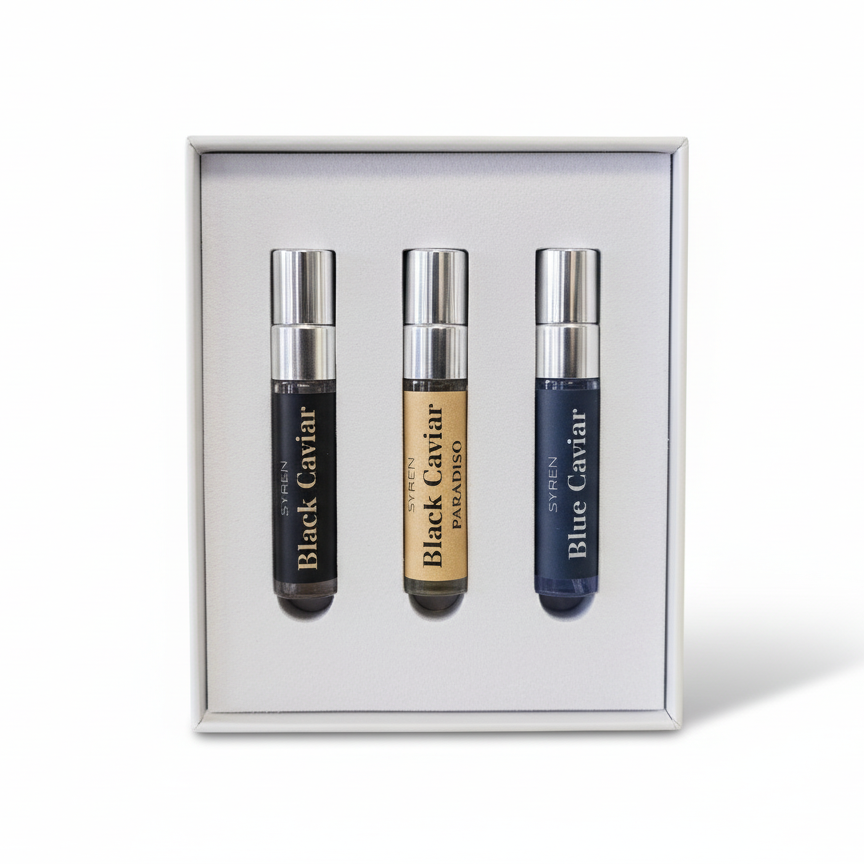 Syren Men's Discovery Set - 3 cologne samples Black Caviar, Black Caviar Paradiso, Blue Caviar EDP men's fragrance travel spray gift set