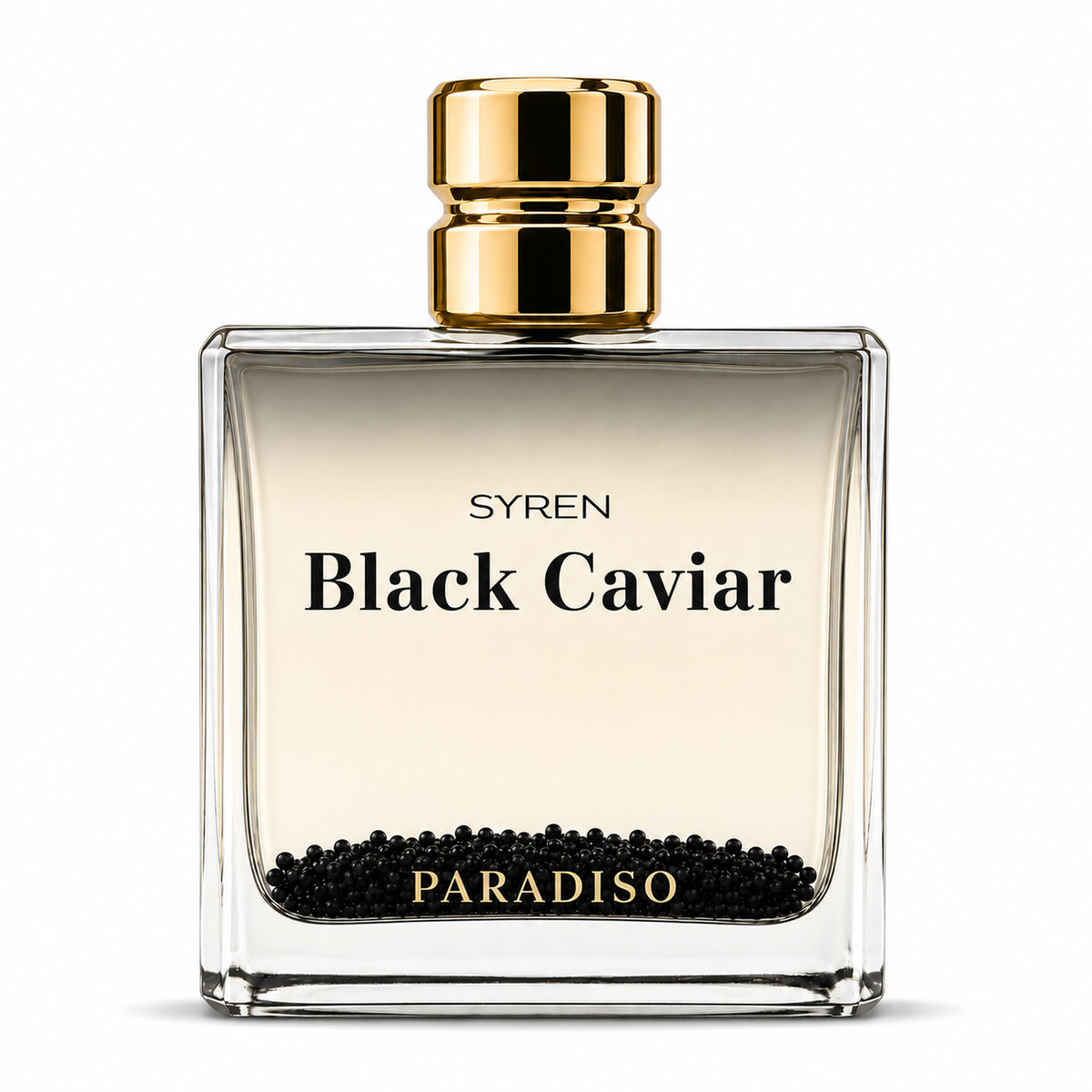 A square glass perfume bottle labeled 'SYREN Black Caviar PARADISO' with a shiny gold cap and black caviar visible at the bottom, on a white background.