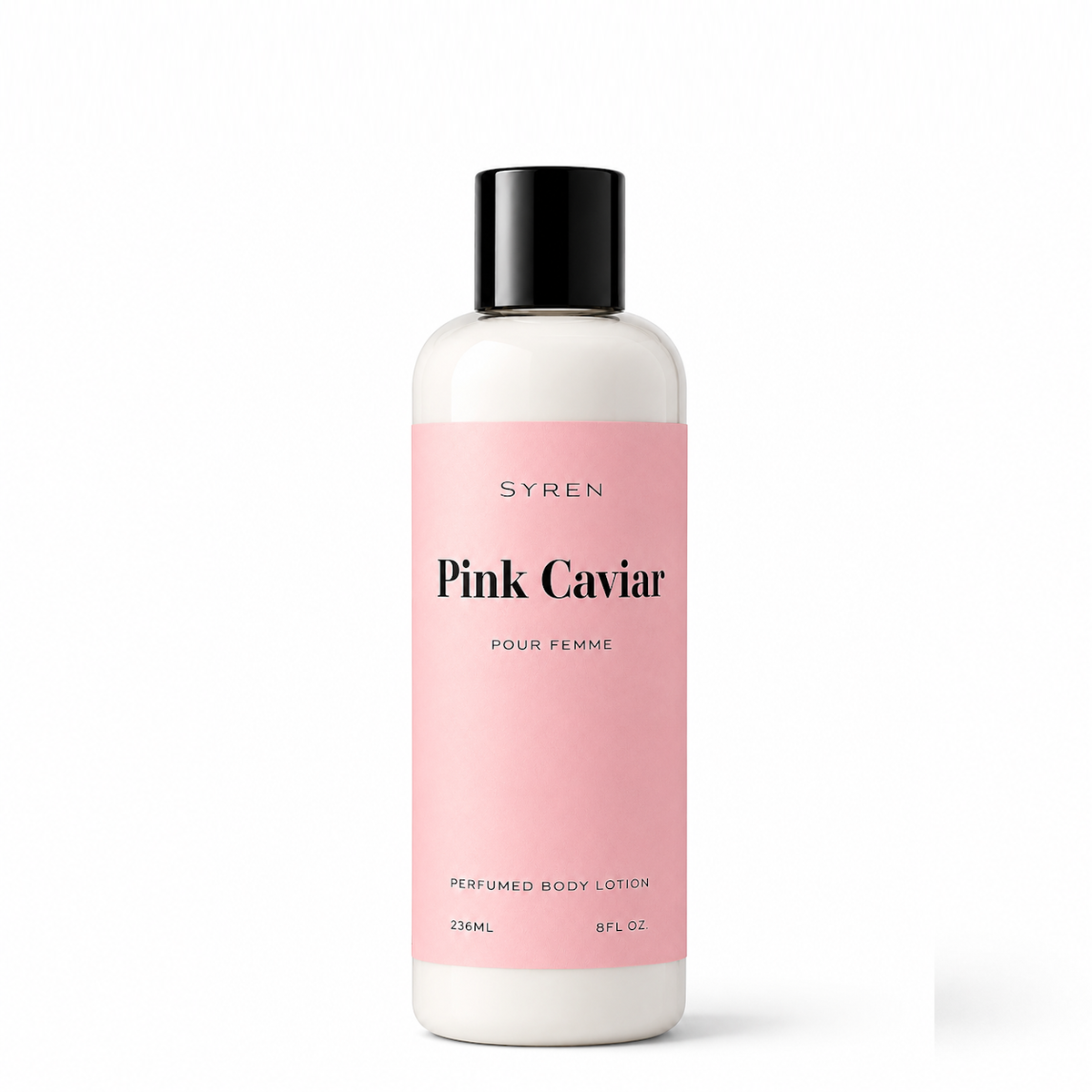 A bottle of Syren Pink Caviar Perfumed Body Lotion on a clean white background. The bottle is white with a black cap and a light pink label featuring black text.