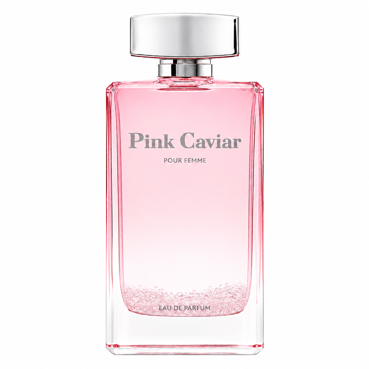 Pink Caviar Pour Femme Eau de Parfum in a clear rectangular glass bottle with a silver cap, featuring a pink gradient design with glittery pink flakes at the bottom.