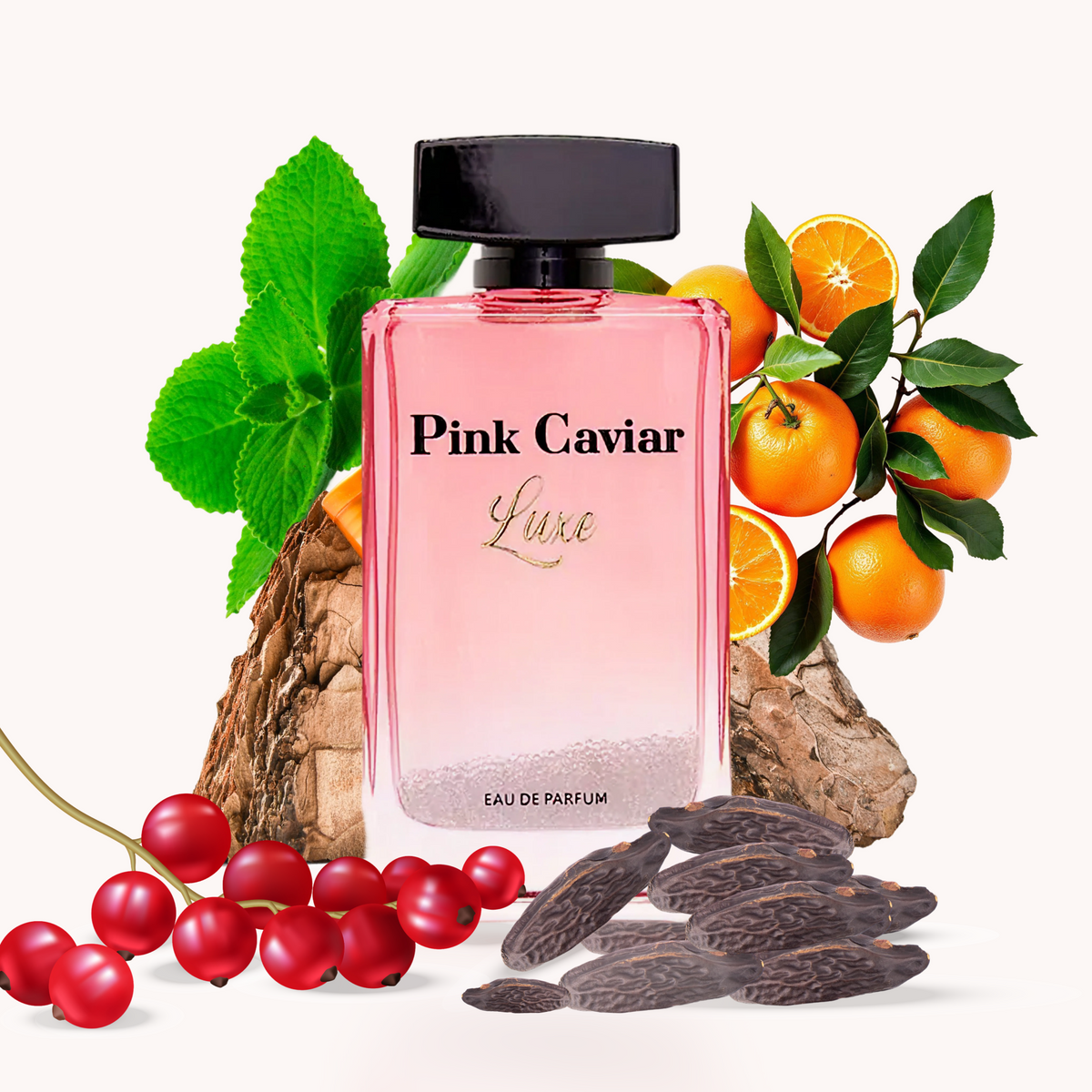 Syren Pink Caviar Luxe Eau de Parfum women's perfume lifestyle photo with orange, mint, currant, tonka bean fragrance accord