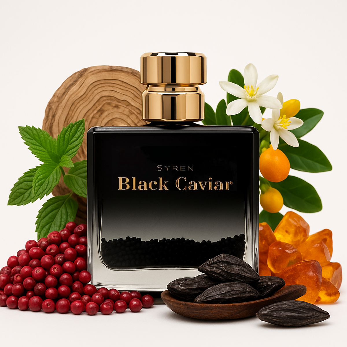 Syren Black Caviar cologne with mint cedar tonka amber neroli scent notes - bold men's Eau de Parfum