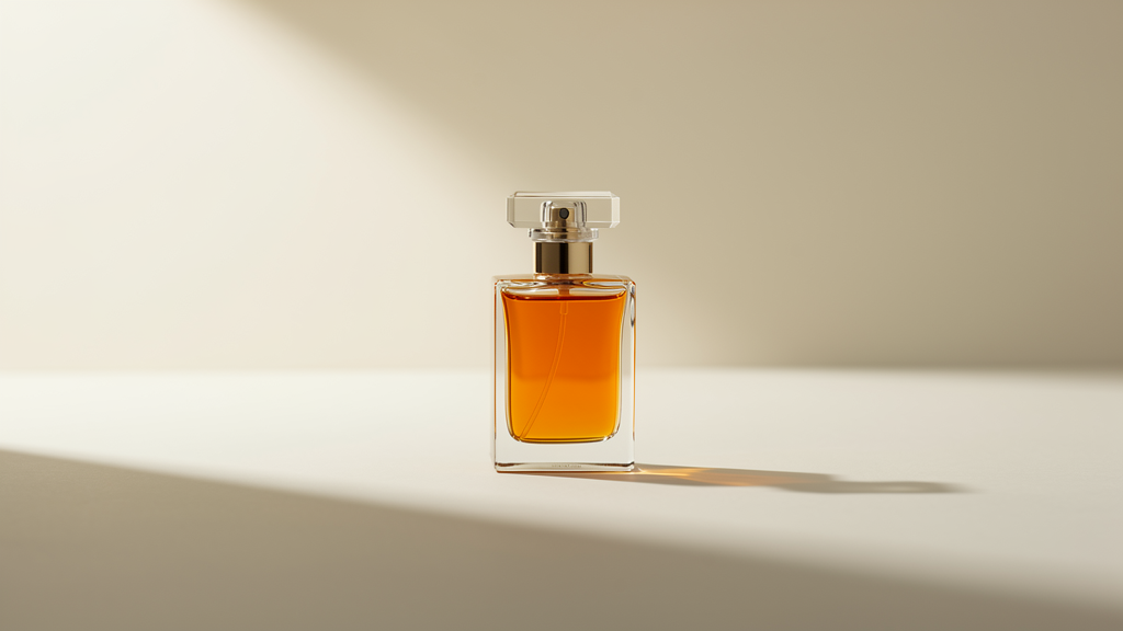 A single unbranded amber perfume flacon standing alone on a bare cream surface, with no box, label or packaging around it.
