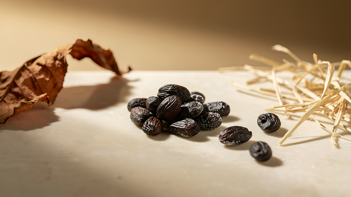 Whole tonka beans dusted with white coumarin frost, arranged on cream stone beside dried hay and a tobacco leaf — the base note found in SYREN fragrances.