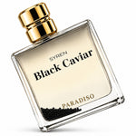 SYREN Black Caviar Paradiso men's Eau de Parfum bottle with gold cap and black caviar beads, alternate product view.