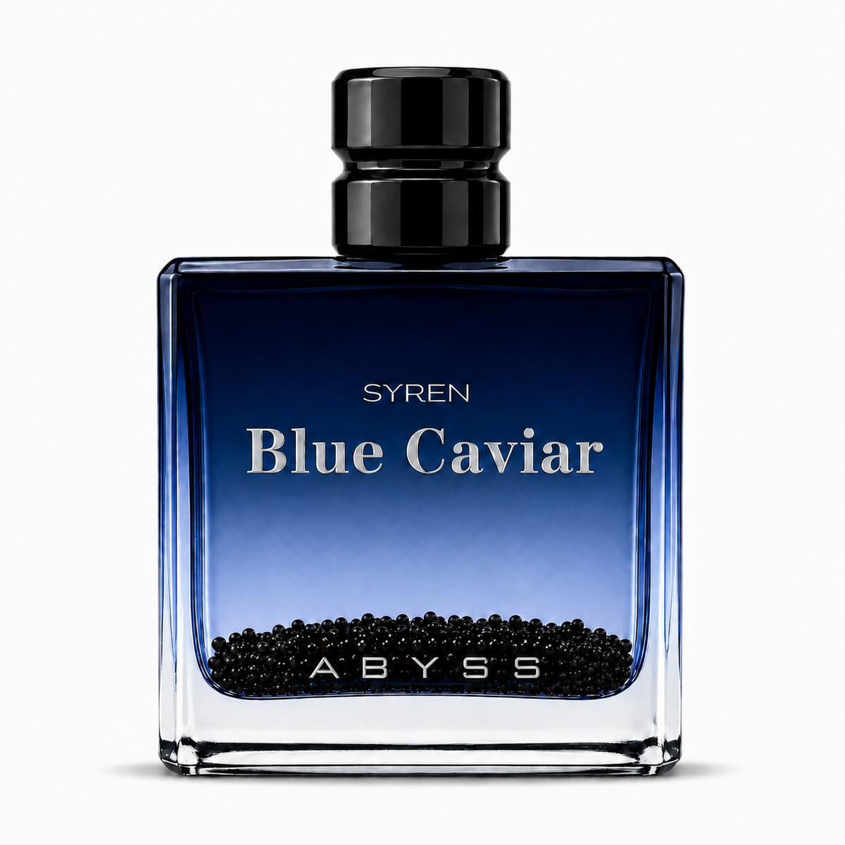 A square glass perfume bottle labeled 'SYREN Blue Caviar' with a black cap and black caviar visible at the bottom, photographed on a clean white background.