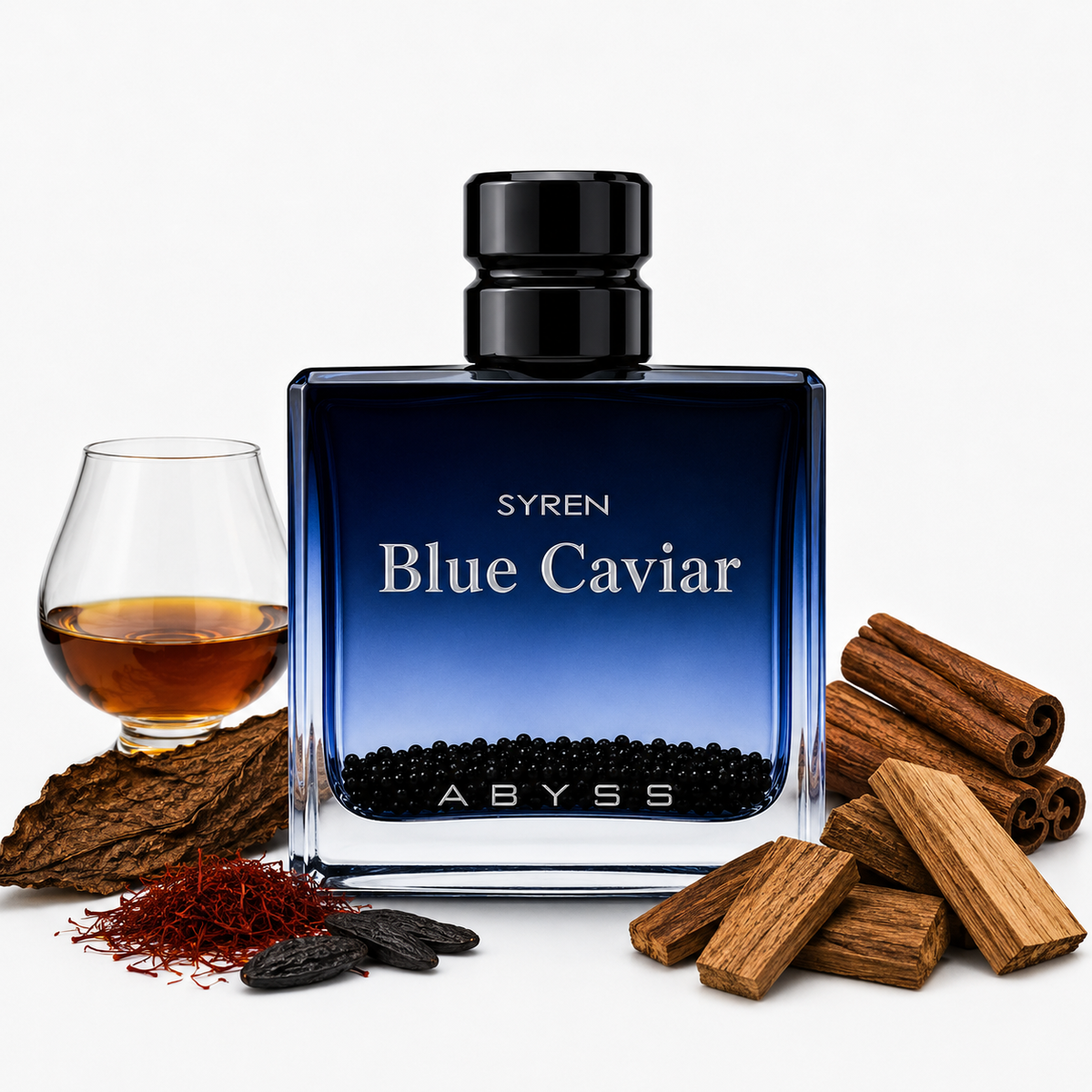 A luxury fragrance bottle labeled 'SYREN Blue Caviar ABYSS' in deep blue glass, styled with a glass of amber liquor, cinnamon sticks, saffron threads, and black caviar on a clean white background.