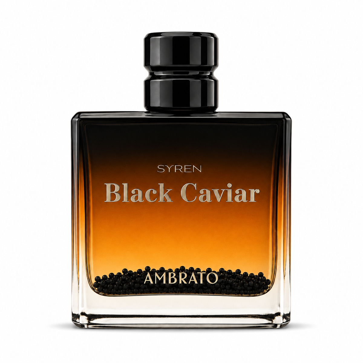 Ambrato Syren Black Caviar fragrance bottle, featuring a square glass container with a black-to-amber gradient, filled with visible black caviar pearls at the bottom, and a glossy black cap, on a white background.