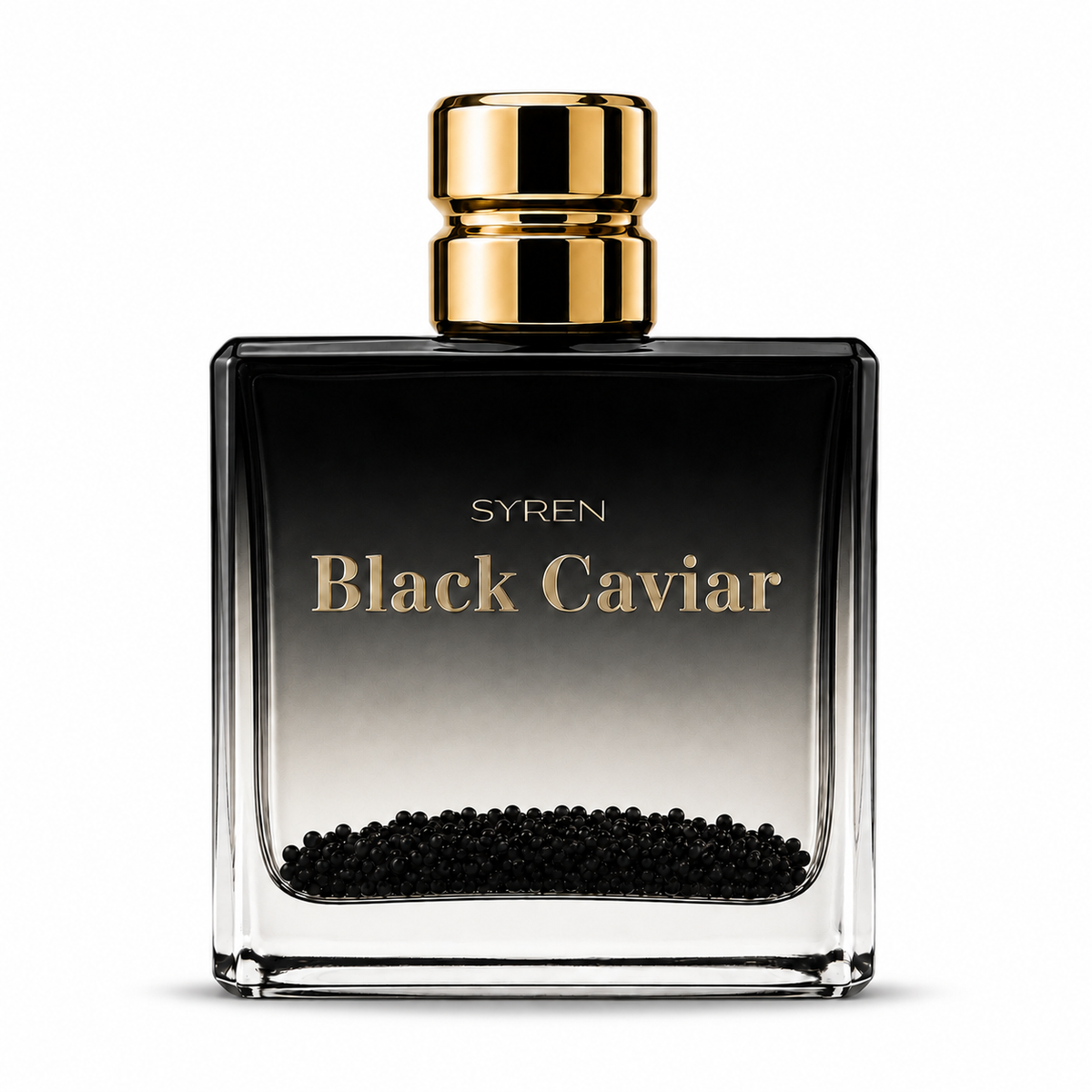 A luxury perfume bottle named 'SYREN Black Caviar' with a black-to-clear gradient body filled with black caviar pearls at the bottom, topped with a shiny gold cap, on a white background.
