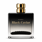 A luxury perfume bottle named 'SYREN Black Caviar' with a black-to-clear gradient body filled with black caviar pearls at the bottom, topped with a shiny gold cap, on a white background.