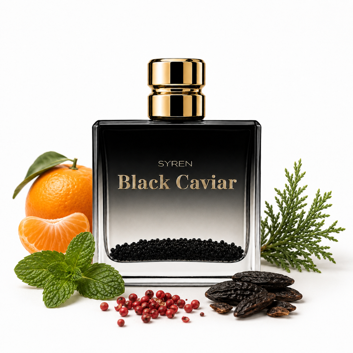 A rectangular glass perfume bottle labeled 'SYREN Black Caviar' with a shiny gold cap, surrounded by ingredients including an orange, mandarin slices, mint leaves, caviar pearls, and dried fish on a white background.