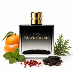 A rectangular glass perfume bottle labeled 'SYREN Black Caviar' with a shiny gold cap, surrounded by ingredients including an orange, mandarin slices, mint leaves, caviar pearls, and dried fish on a white background.