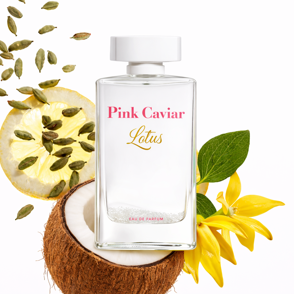 Syren Pink Caviar Lotus Eau de Parfum women's perfume lifestyle photo with cardamom, bergamot, coconut, ylang-ylang notes