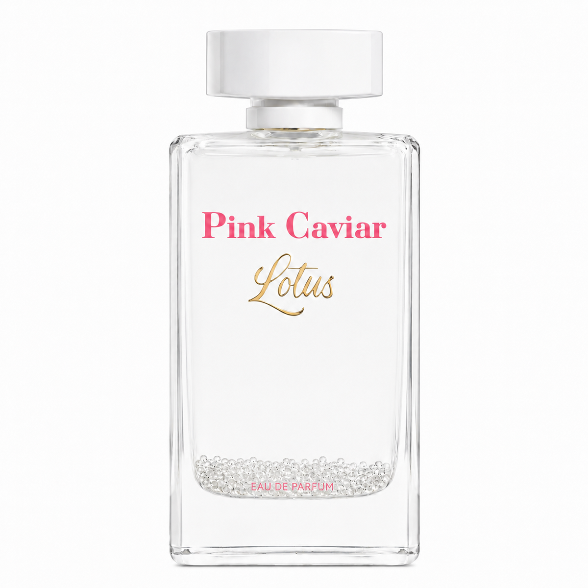 A clear rectangular glass perfume bottle with a white cap, featuring 'Pink Caviar' in pink text and 'Lotus' in gold script on the front. The bottle is filled with clear liquid and contains a layer of silver glitter at the bottom, set against a plain white background.