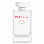 A clear rectangular glass perfume bottle with a white cap, featuring 'Pink Caviar' in pink text and 'Lotus' in gold script on the front. The bottle is filled with clear liquid and contains a layer of silver glitter at the bottom, set against a plain white background.