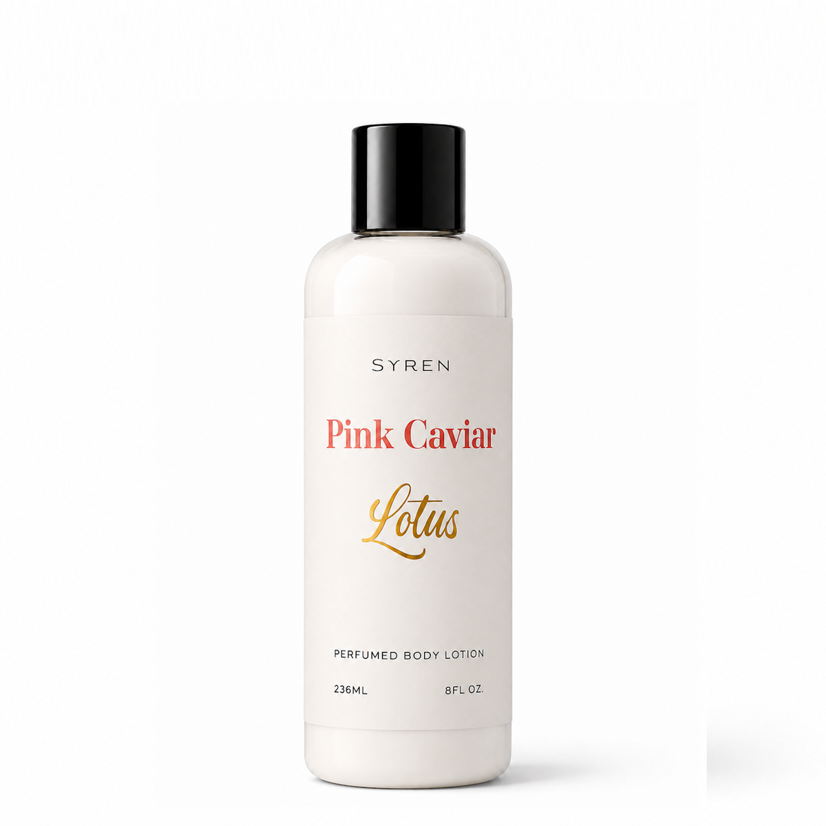 A bottle of Syren Pink Caviar Lotus Perfumed Body Lotion on a clean white background. The bottle is a warm off-white/cream color with a black cap, featuring red and gold text on the label.
