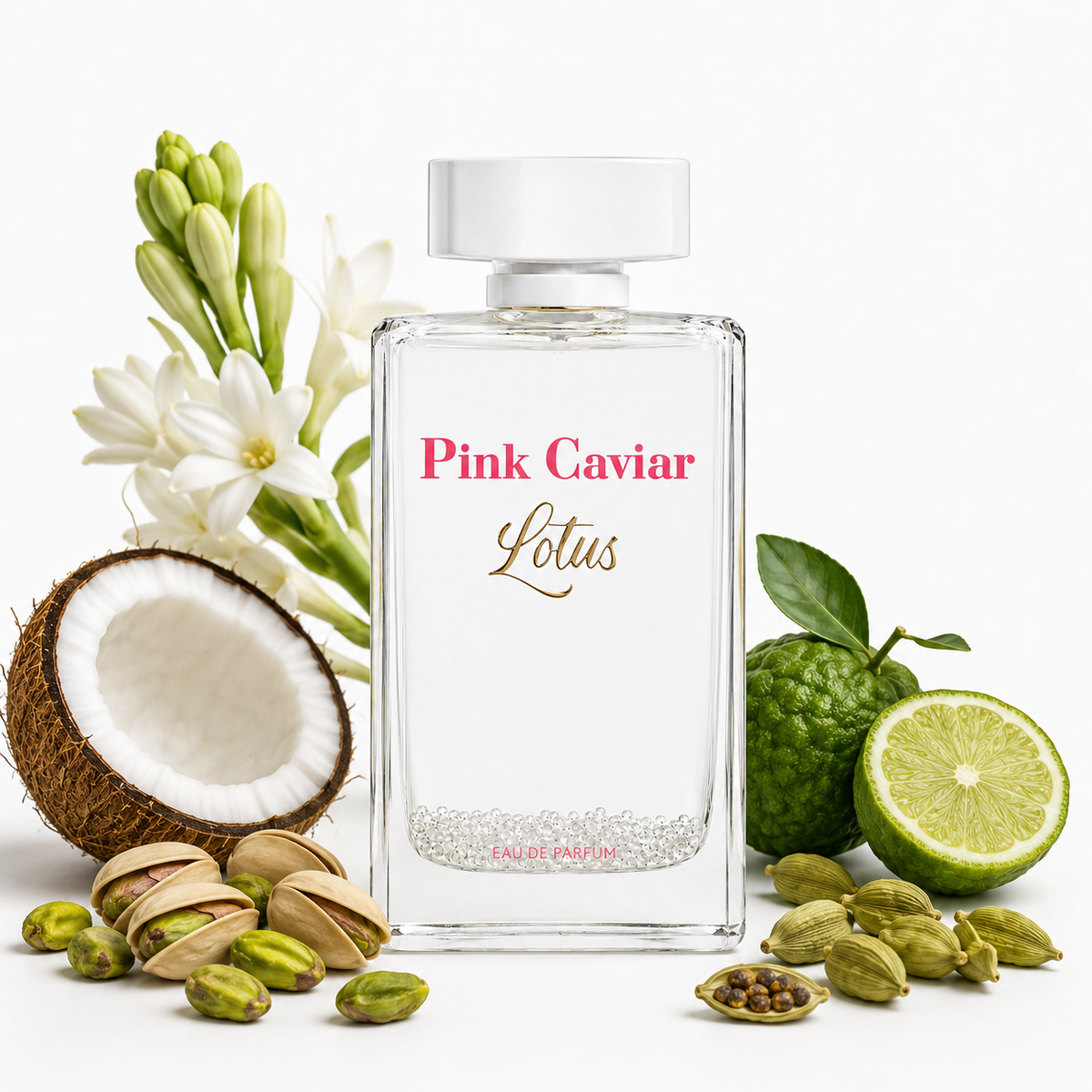 A clear rectangular perfume bottle labeled 'Pink Caviar Lotus' with a white cap, surrounded by fragrance-inspired ingredients including a halved coconut, white flowers, green kumquats, pistachios, and cardamom pods on a white background.