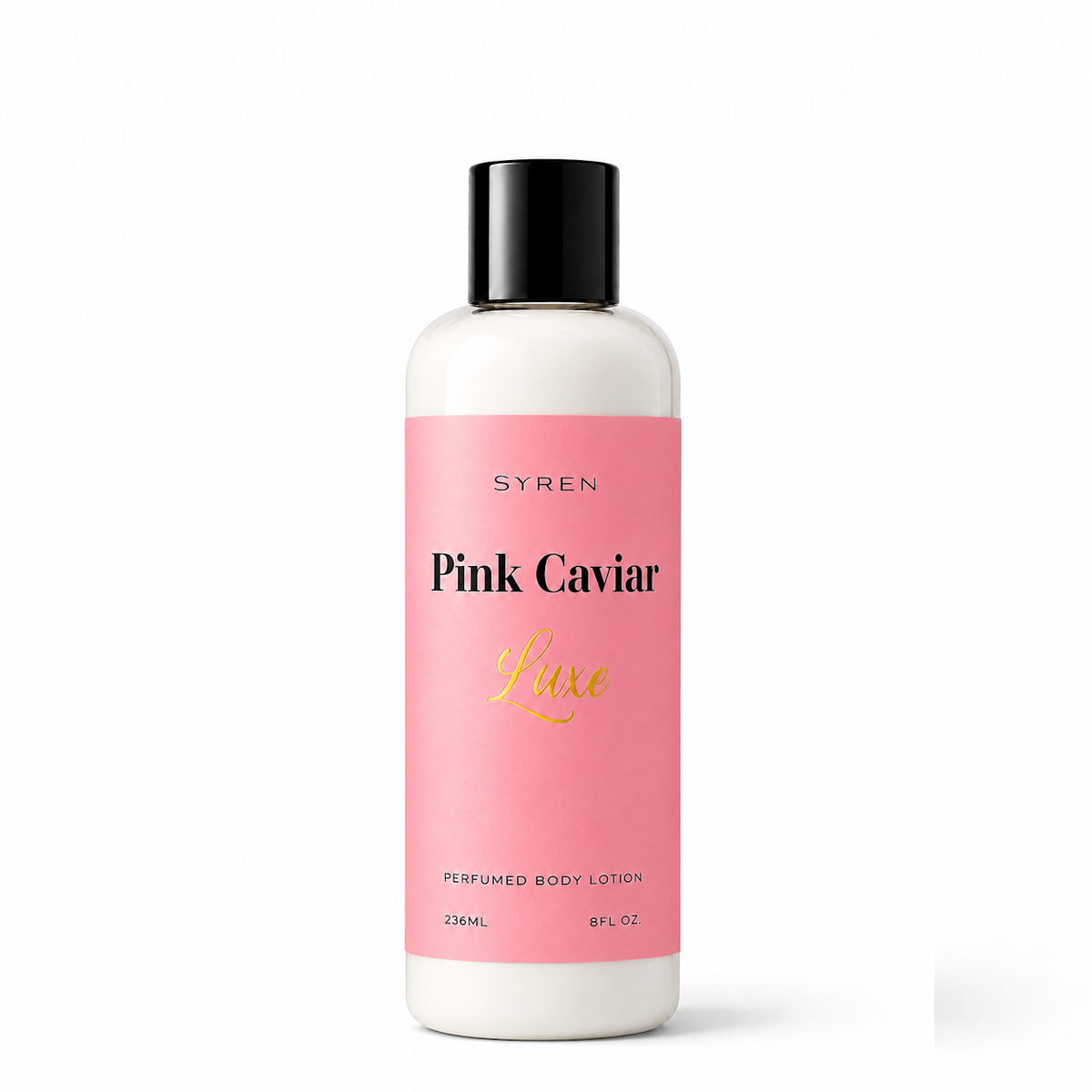 A bottle of Syren Pink Caviar Luxe perfumed body lotion. The bottle is white with a black cap and features a pink label with black and gold text.