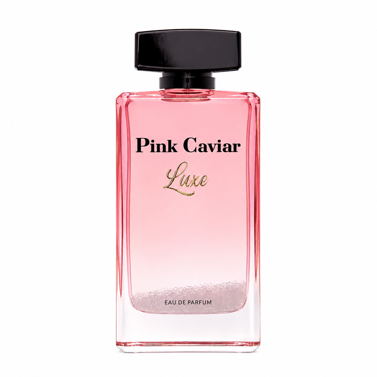 Pink Caviar Luxe Eau de Parfum bottle, featuring a pink gradient rectangular glass bottle with a black cap and gold and black lettering, on a white background.