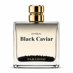 A square glass perfume bottle labeled 'SYREN Black Caviar PARADISO' with a shiny gold cap and black caviar visible at the bottom, on a white background.