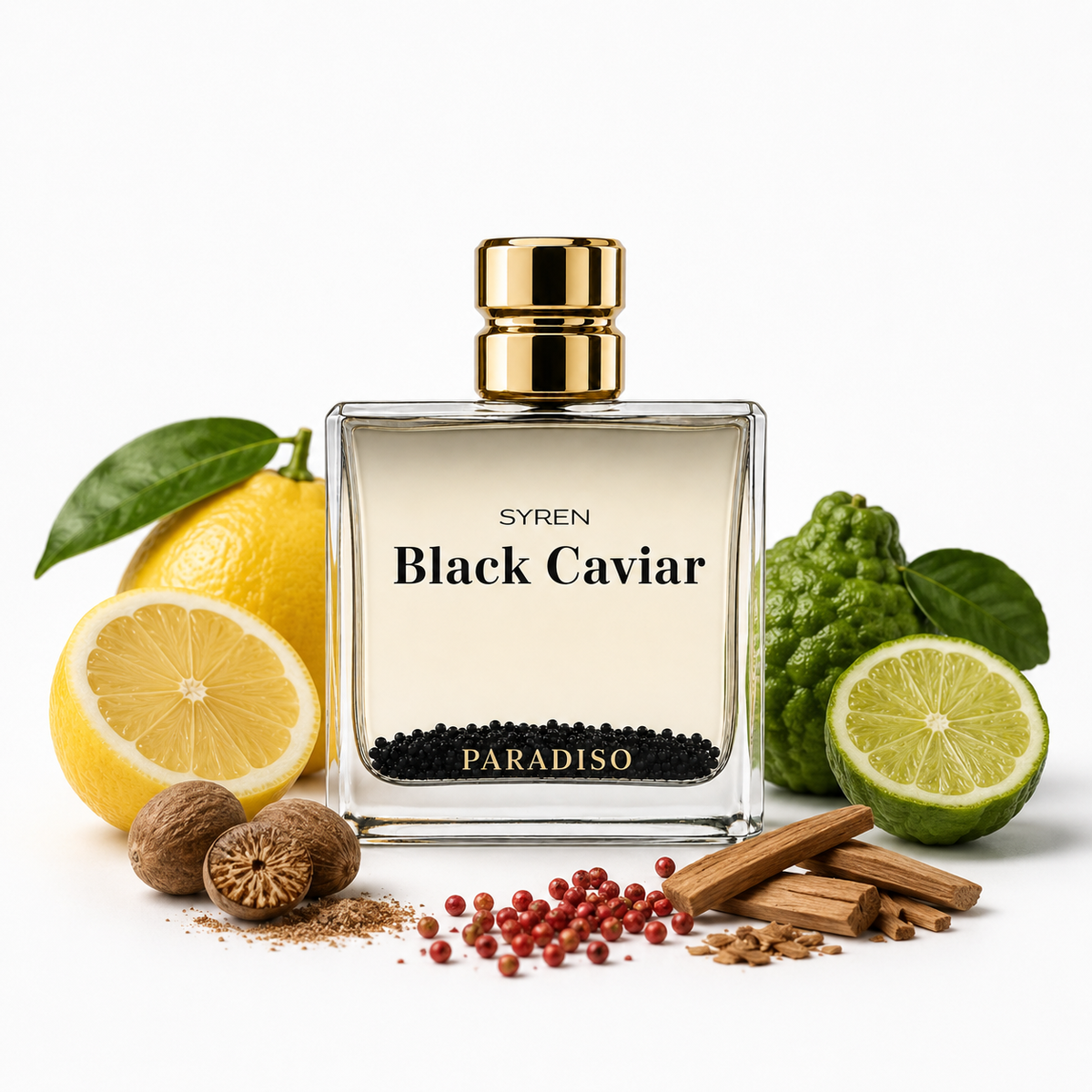 A perfume bottle labeled 'SYREN Black Caviar PARADISO' with a gold cap, surrounded by citrus fruits, cinnamon sticks, whole spices, and nutmegs on a white background.