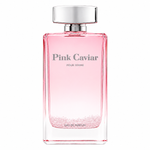 Pink Caviar Pour Femme Eau de Parfum in a clear rectangular glass bottle with a silver cap, featuring a pink gradient design with glittery pink flakes at the bottom.
