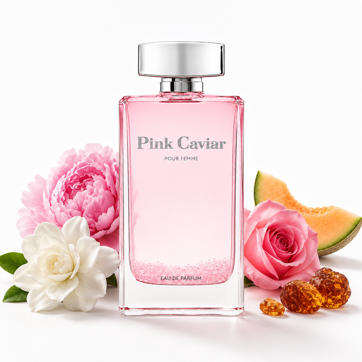 Pink Caviar Eau de Parfum bottle with a silver cap, surrounded by pink and white flowers, melon slices, and amber beads on a white background.