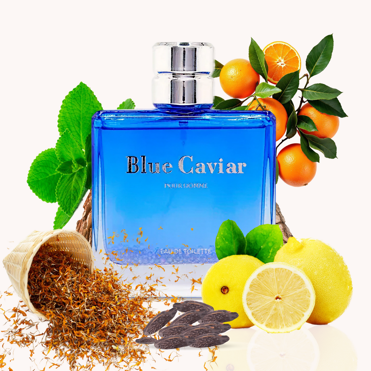 Syren Blue Caviar 90ml Eau de Toilette men's cologne lifestyle photo with lemon, orange, mint, tobacco, and tonka bean notes