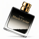 SYREN Black Caviar men's cologne bottle at a tilted angle, showing the black-to-clear gradient glass, gold cap, and black caviar beads.
